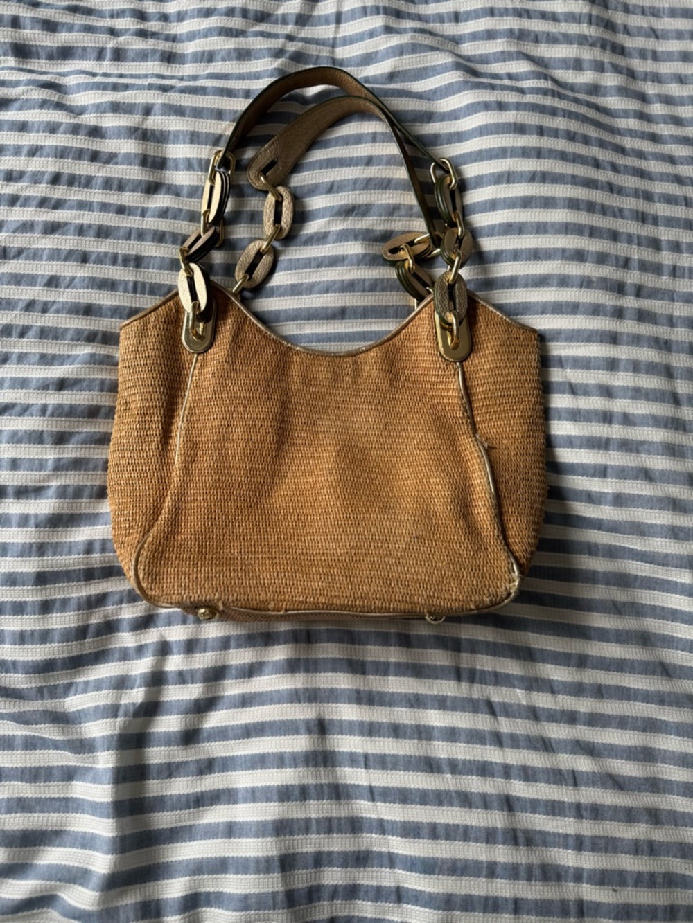Michael Kors Tan Woven Shoulder Bag with Chain-Link Straps